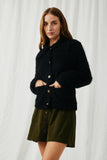 HY6085 Black Womens Fuzzy Popcorn Knit Button Up Collared Sweater Cardigan Front