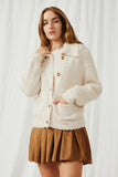 HY6085 Cream Womens Fuzzy Popcorn Knit Button Up Collared Sweater Cardigan Pose