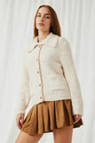 HY6085 Cream Womens Fuzzy Popcorn Knit Button Up Collared Sweater Cardigan Front