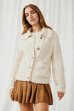 HY6085 Cream Womens Fuzzy Popcorn Knit Button Up Collared Sweater Cardigan Front 2