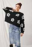HY6090 Black Womens Distressed Floral Patterned Pullover Sweater Full Body