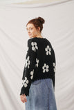 HY6090 Black Womens Distressed Floral Patterned Pullover Sweater Back