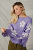 HY6090 Lavender Womens Distressed Floral Patterned Pullover Sweater Side