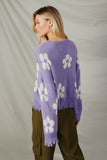 HY6090 Lavender Womens Distressed Floral Patterned Pullover Sweater Back