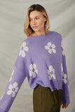 HY6090 Lavender Womens Distressed Floral Patterned Pullover Sweater Front