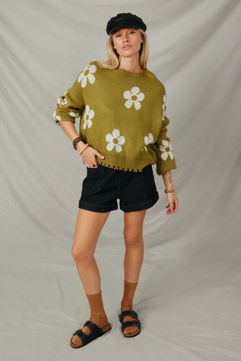 HY6090 Olive Womens Distressed Floral Patterned Pullover Sweater Full Body