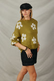 HY6090 Olive Womens Distressed Floral Patterned Pullover Sweater Side