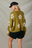 HY6090 Olive Womens Distressed Floral Patterned Pullover Sweater Back