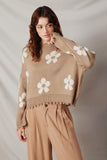HY6090 Taupe Womens Distressed Floral Patterned Pullover Sweater Front