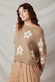 HY6090 Taupe Womens Distressed Floral Patterned Pullover Sweater Front