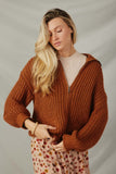HY6093 Brown Womens Zip Up Collared Puff Sleeve Knit Jacket Pose 2