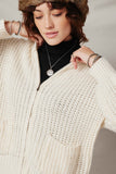 HY6093 Cream Womens Zip Up Collared Puff Sleeve Knit Jacket Front