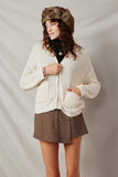 HY6093 Cream Womens Zip Up Collared Puff Sleeve Knit Jacket Pose