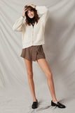 HY6093 Cream Womens Zip Up Collared Puff Sleeve Knit Jacket Full Body