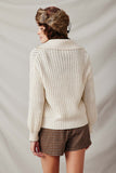 HY6093 Cream Womens Zip Up Collared Puff Sleeve Knit Jacket Full Body
