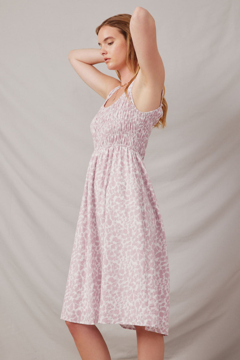 HY6107 Mauve Womens Abstract Polka Dot Print Smocked Tank Dress Side