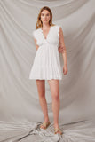 HY6108 Off White Womens Smocked Textured Plunging V Neck Dress Full Body