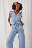 HY6111 Light Denim Womens Tencel Buttoned Ruffle Tank Wideleg Jumpsuit Front