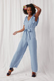 HY6111 Light Denim Womens Tencel Buttoned Ruffle Tank Wideleg Jumpsuit Fulll Body