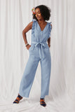 HY6111 Light Denim Womens Tencel Buttoned Ruffle Tank Wideleg Jumpsuit Full Body 2