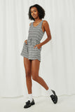 HY6112 Black Womens Engineered Stripe Drawstring Sleeveless Romper Full Body