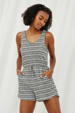 HY6112 Black Womens Engineered Stripe Drawstring Sleeveless Romper Front