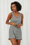 HY6112 Black Womens Engineered Stripe Drawstring Sleeveless Romper Front 2