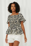 HY6115 Ivory Womens Botanical Print Smocked Square Neck Peplum Top Front
