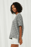 HY6116 Black Womens Engineered Stripe Oversize V-Neck High Low Knit Top Side
