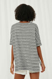 HY6116 Black Womens Engineered Stripe Oversize V-Neck High Low Knit Top Back
