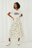 HY6119 Yellow Womens Floral Elastic Waist Midi Skirt Full Body