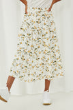 HY6119 Yellow Womens Floral Elastic Waist Midi Skirt Front