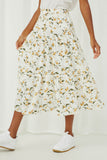 HY6119 Yellow Womens Floral Elastic Waist Midi Skirt Side