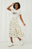 HY6119 Yellow Womens Floral Elastic Waist Midi Skirt Alternate Angle