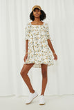 Floral Square Neck Tie Sleeve Dress