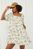 HY6120 Yellow Womens Floral Square Neck Tie Sleeve Dress Alternate Angle