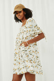 HY6120 Yellow Womens Floral Square Neck Tie Sleeve Dress Side