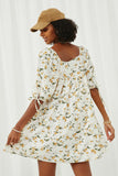 HY6120 Yellow Womens Floral Square Neck Tie Sleeve Dress Back