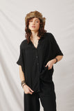 HY6126 Black Womens Button Up Collared Dolman Shirt Front 2