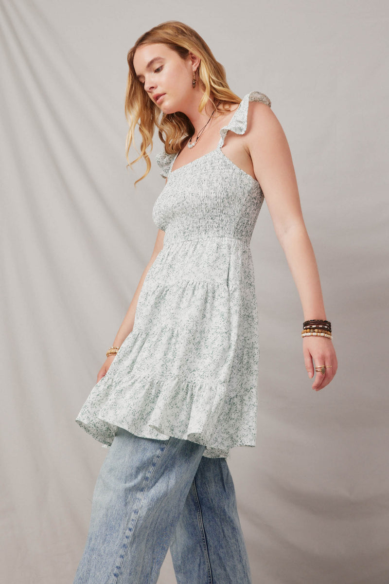 HY6131 Green Womens Ditsy Floral Smocked Flutter Tank Dress Side