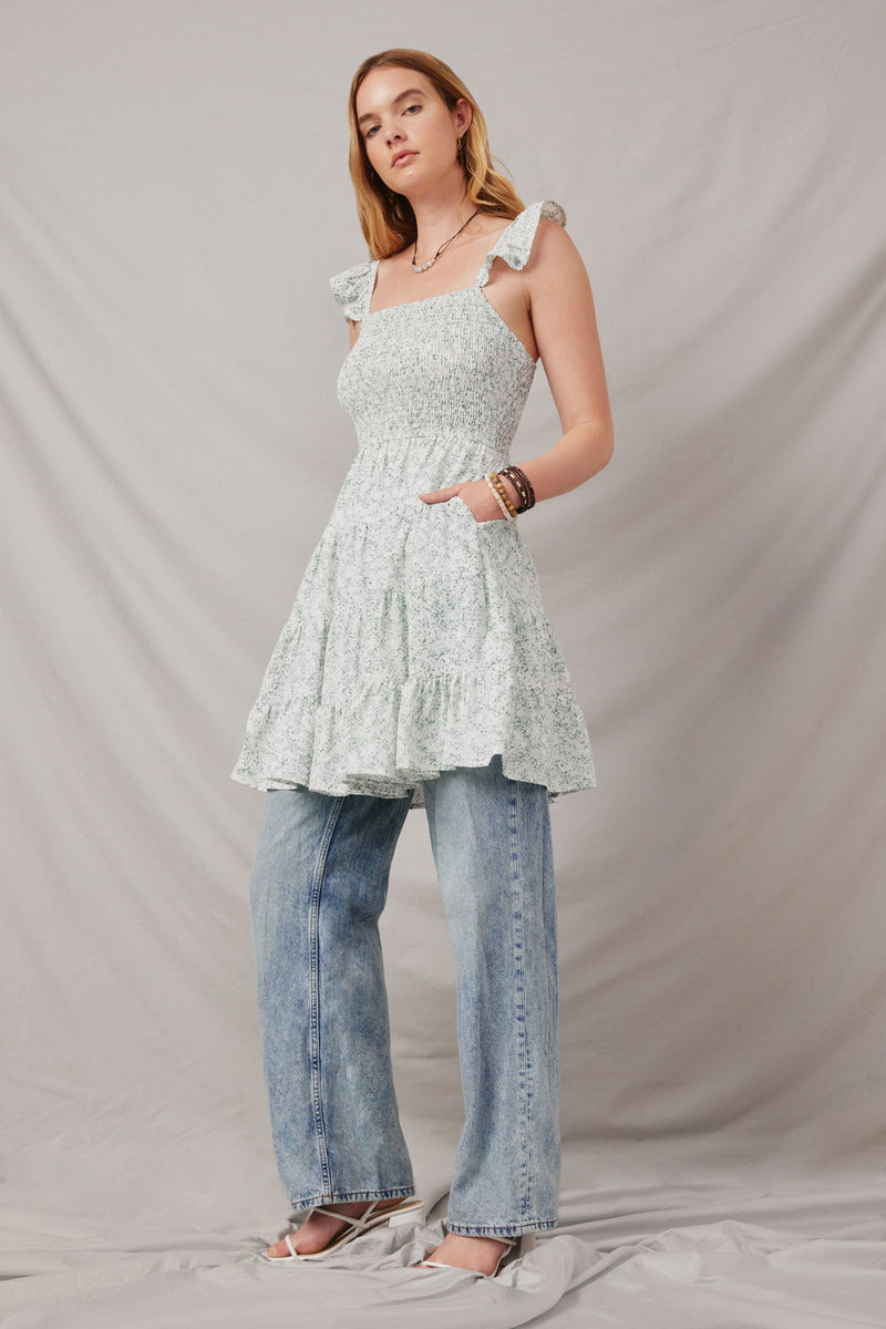 HY6131 Green Womens Ditsy Floral Smocked Flutter Tank Dress Full Body