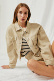 HY6141 Beige Womens Washed Cargo Pocket Contrast Stitch Colored Denim Jacket Pose