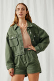 HY6141 Olive Womens Washed Cargo Pocket Contrast Stitch Colored Denim Jacket Front