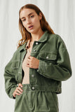 HY6141 Olive Womens Washed Cargo Pocket Contrast Stitch Colored Denim Jacket Pose