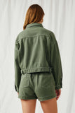 HY6141 Olive Womens Washed Cargo Pocket Contrast Stitch Colored Denim Jacket Back