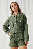 HY6141 Olive Womens Washed Cargo Pocket Contrast Stitch Colored Denim Jacket Front 2