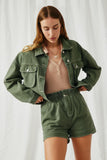 HY6141 Olive Womens Washed Cargo Pocket Contrast Stitch Colored Denim Jacket Alternate Angle