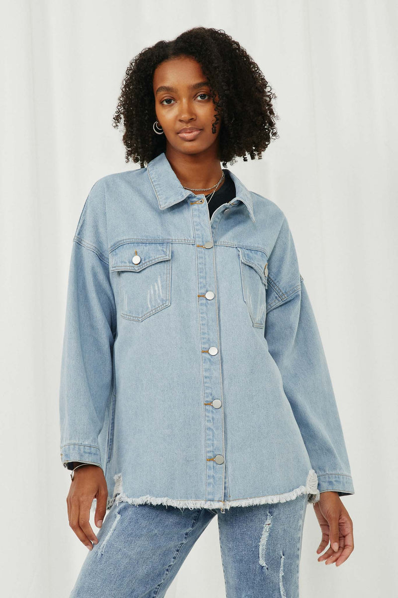 HY6143 Denim Womens Distressed Oversized Denim Jacket Front
