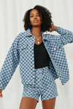 HY6145 Denim Womens Checker Denim Relax Fit Jacket Pose