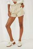 HY6150 Beige Womens Washed Contrast Stitch Colored Denim Paperbag Shorts Front